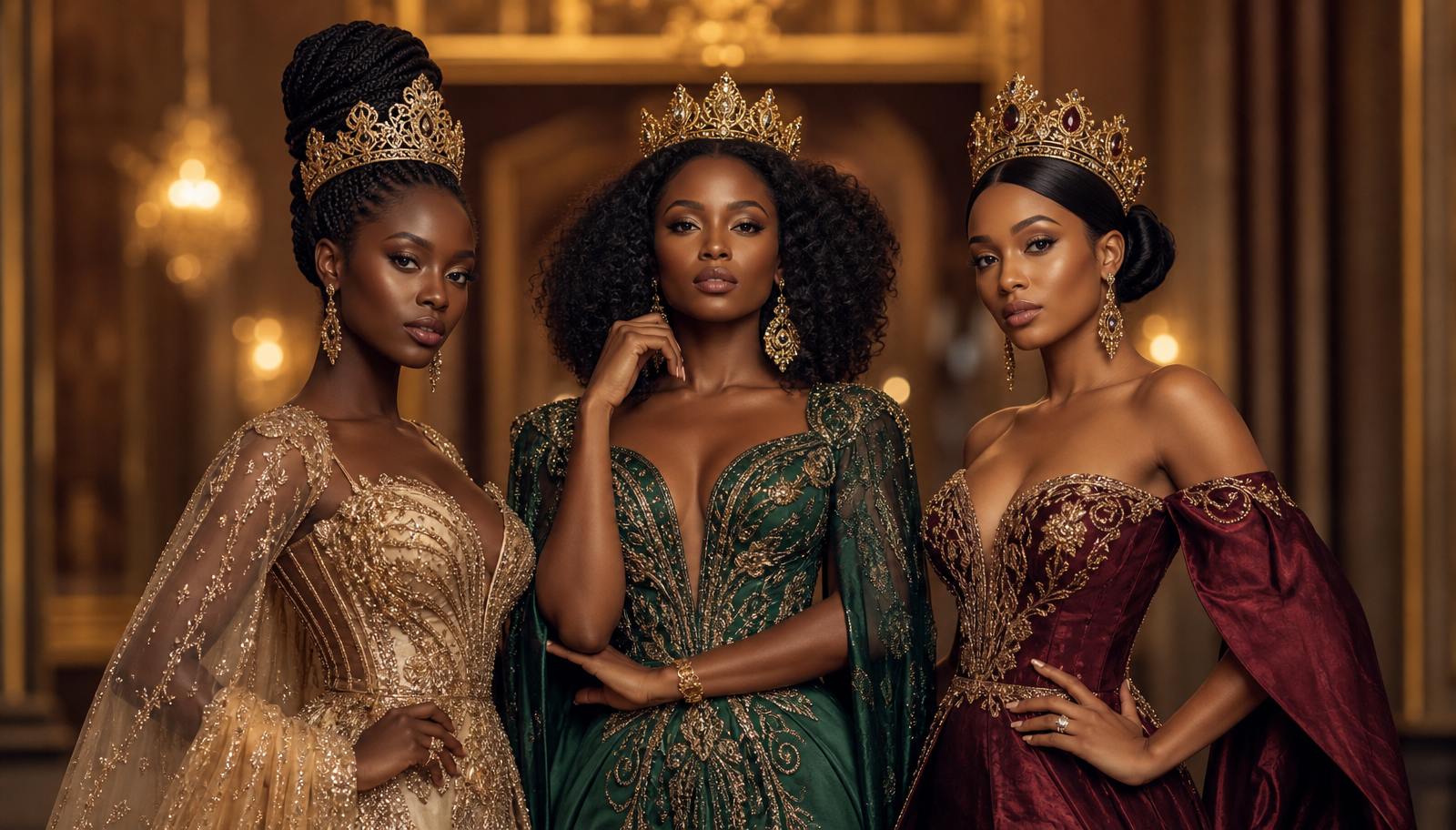 Three elegant African queens in luxury dinner gowns and crowns